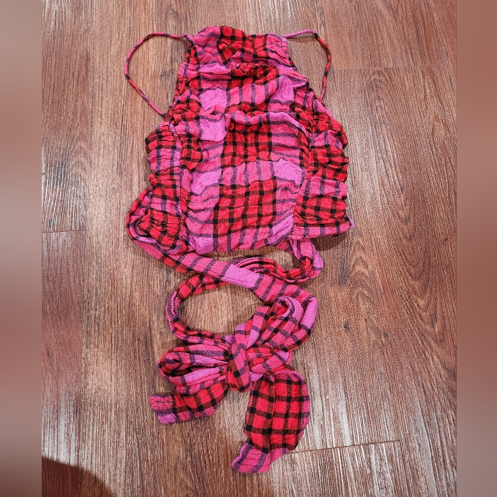 Free People Real Love Plaid Pink and Red Women's Strappy Wrap Top - Picture 3 of 6